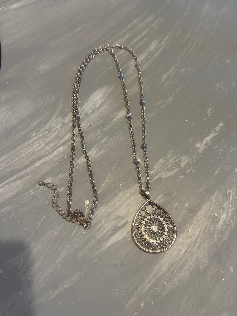 Delicate Silver Teardrop Filigree Pendant Necklace
